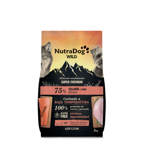 ALIMENTO SEMIHÚMEDO PARA PERROS ADULTOS SALMÓN Y PAVO 75% NUTRADOG WILD